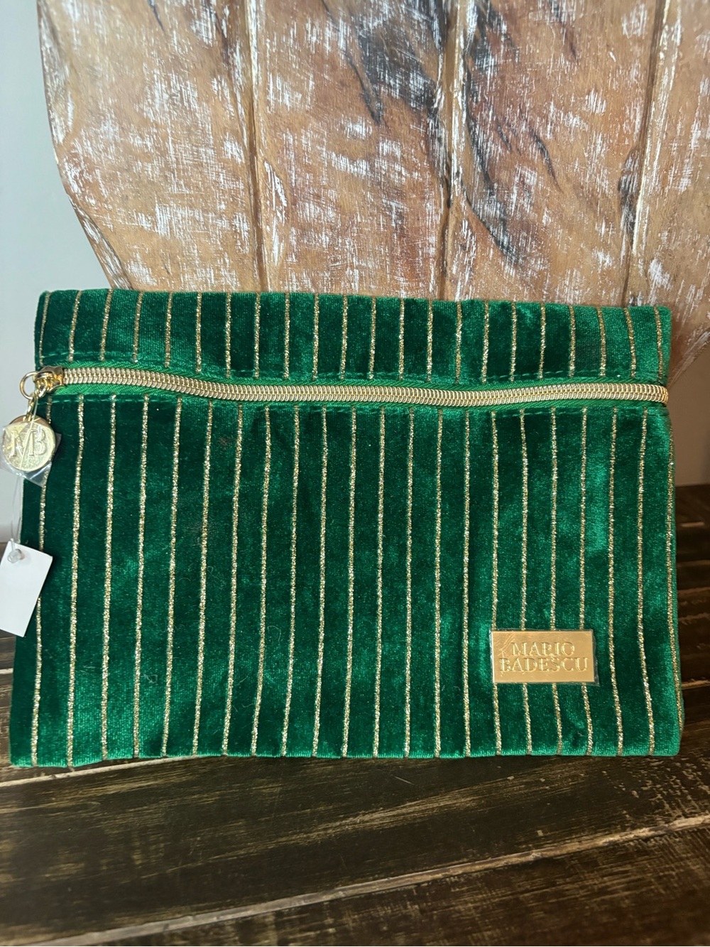 Mario Badescu Emerald Velvet Pouch with Gold Stripes